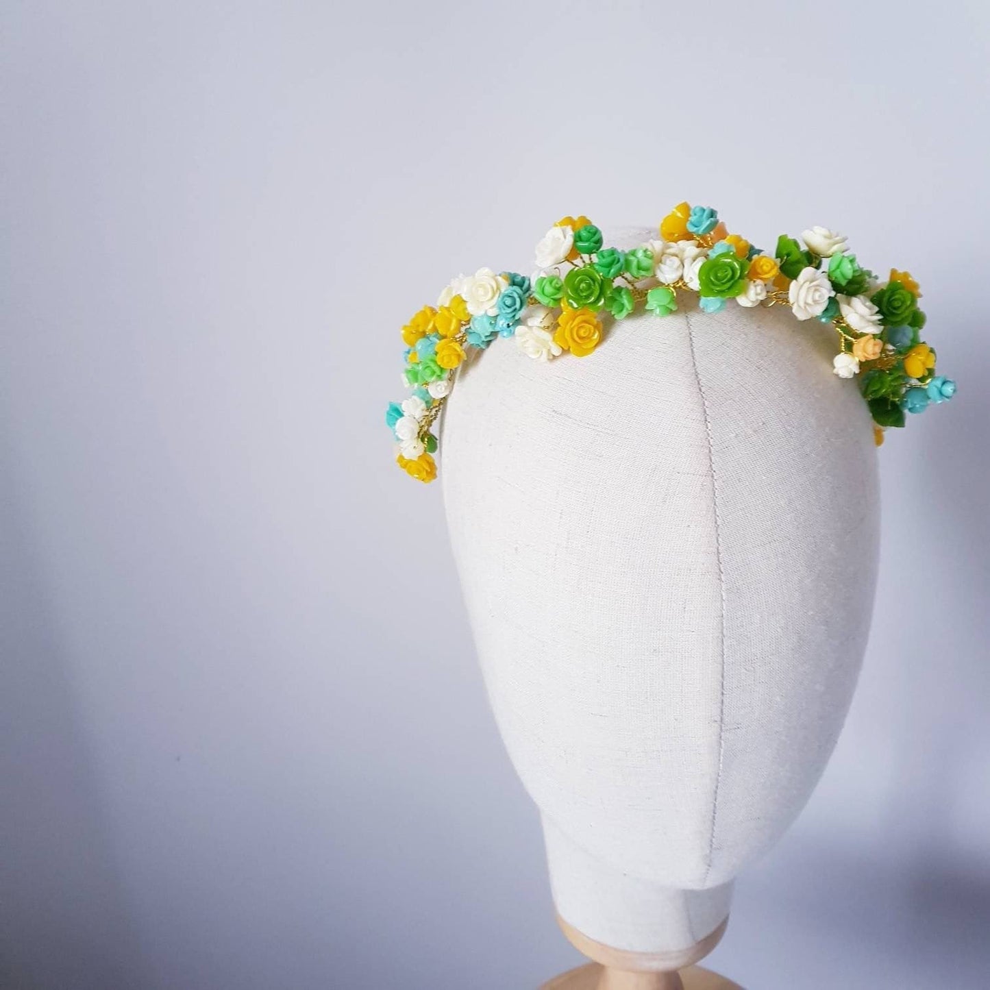 BoutiquebyBrendaLee LA COULEUR Hair Vine flower hair accessories floral headband green cream yellow something blue headpiece millinery