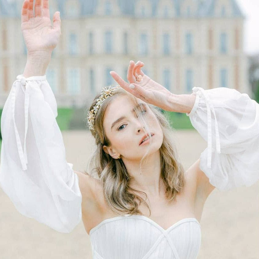 BoutiquebyBrendaLee Opale Crown Tiara beach inspired nature-inspired ocean weddings bridal headpiece pearl bead hair accessories gold tiaras