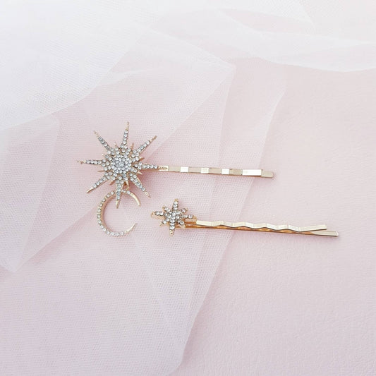 BoutiquebyBrendaLee CÉLESTE set of 2 gold-toned bobby pins wedding bridal constellation moon star celestial hair accessories unique