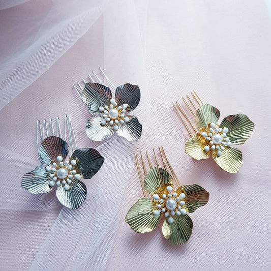 PÉTALES Haircombs Set of 2 Silver Gold bridal wedding hairpins White Flower hair accessories Australia fascinate handmade clips bridesmaids
