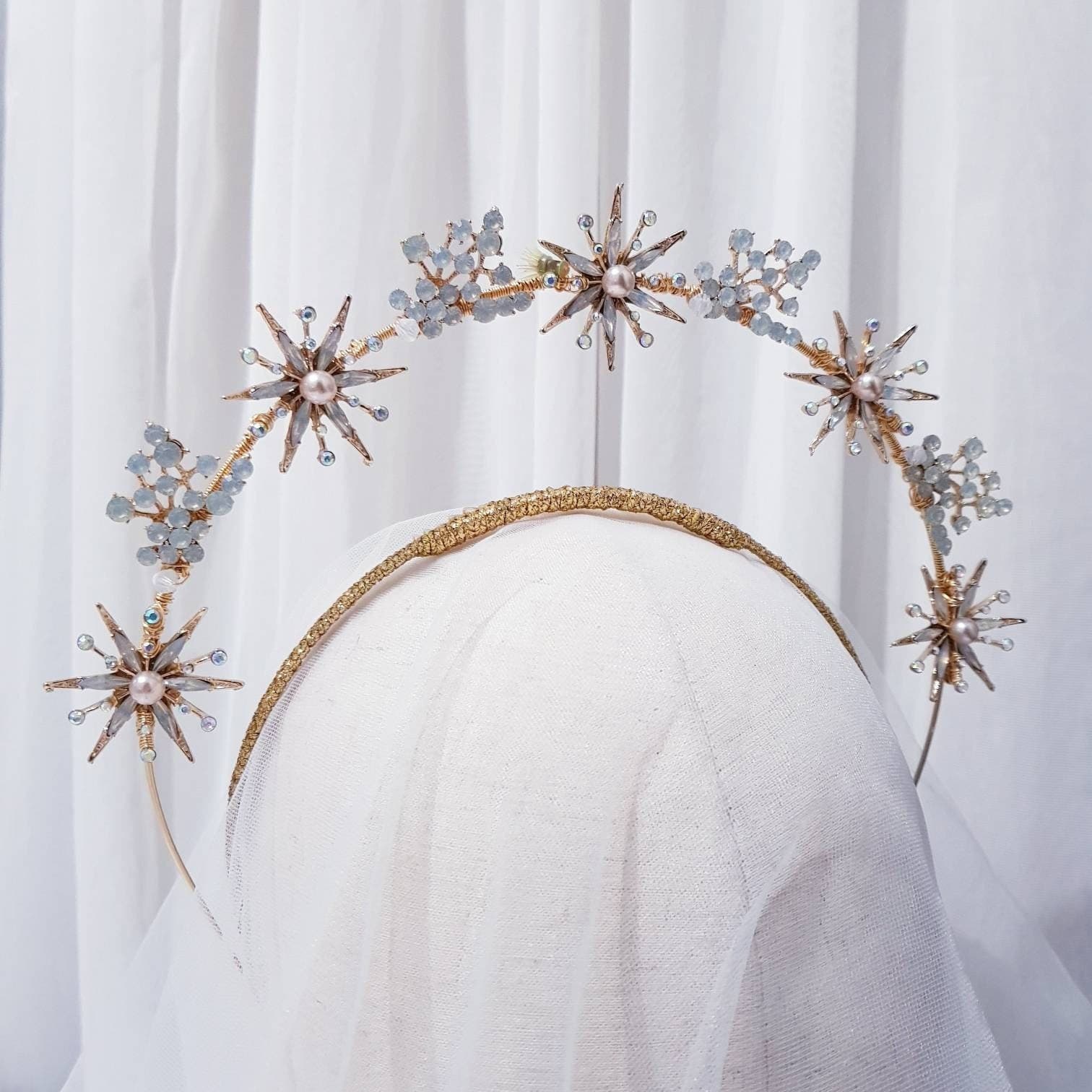 OPALE AUREOLA Headband Crown Crystal Tiara  weddings bridal headpiece hair accessories tall double ring halo celestial moon star sunburst