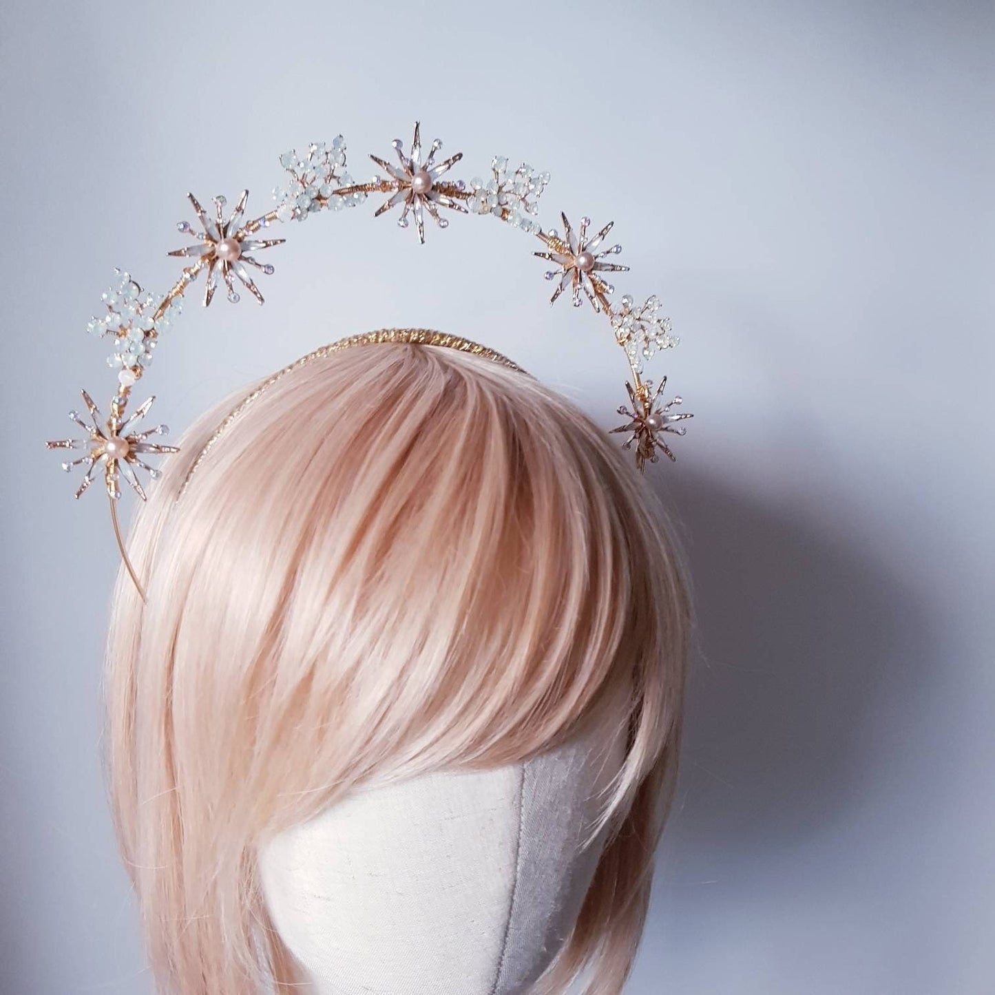OPALE AUREOLA Headband Crown Crystal Tiara  weddings bridal headpiece hair accessories tall double ring halo celestial moon star sunburst