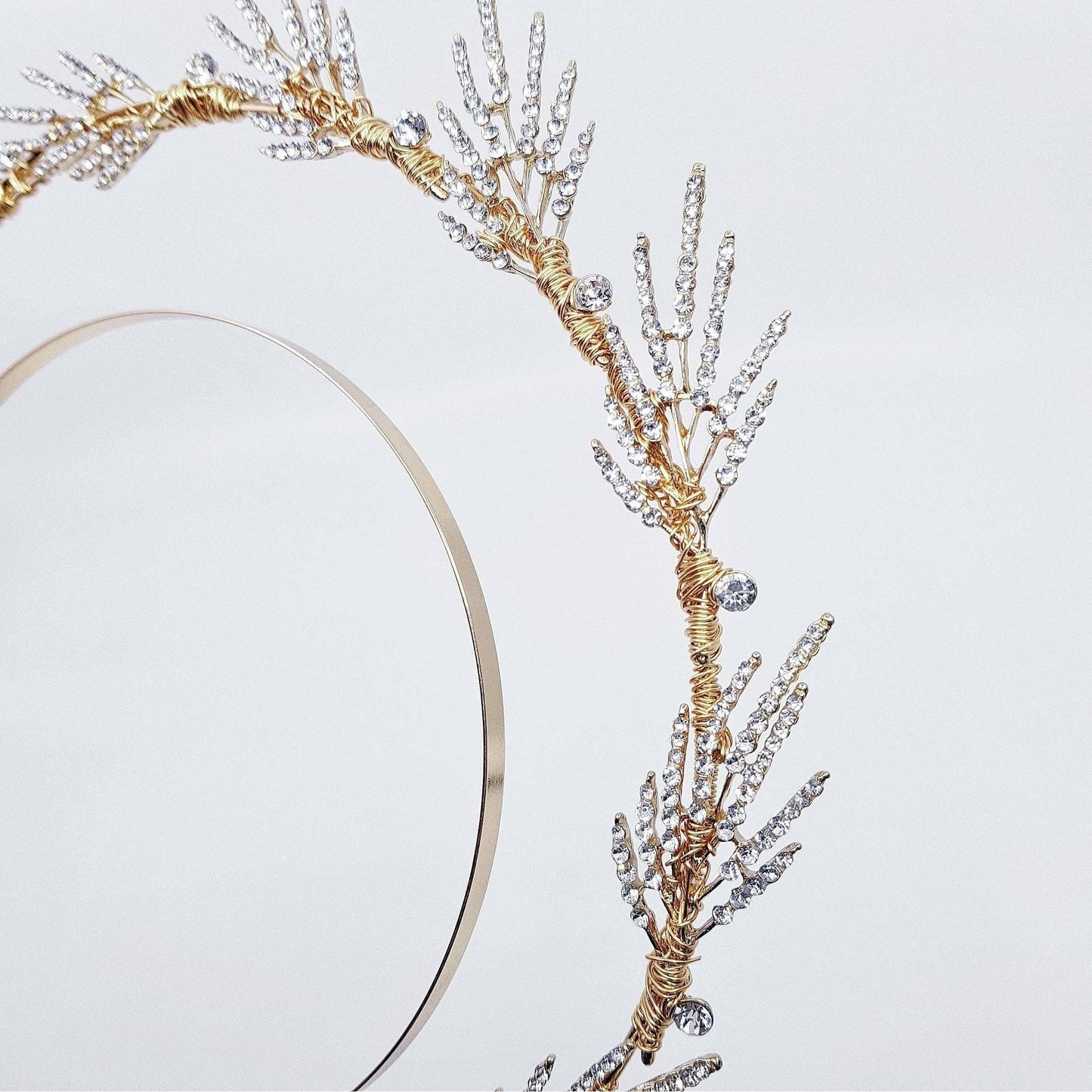BIJOUX Headband Crown Crystal Tiara leaf weddings bridal headpiece hair accessories tall double ring halo