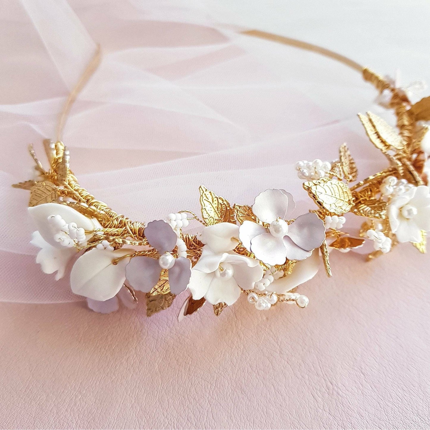 FLEURIT Headband wedding bridal headpiece flowers and leaves hair accessories gold white bead tiaras Australia headpieces FOTF millinery