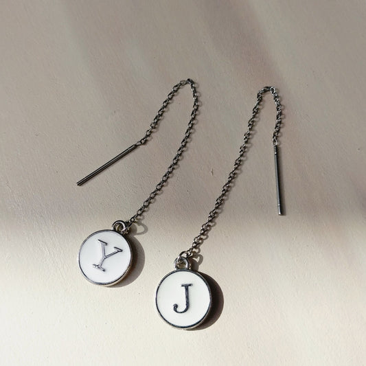 Personalised White Initial Threader Earrings in Silver personalized circle drop letter accessories jewellery name gift stainless steel