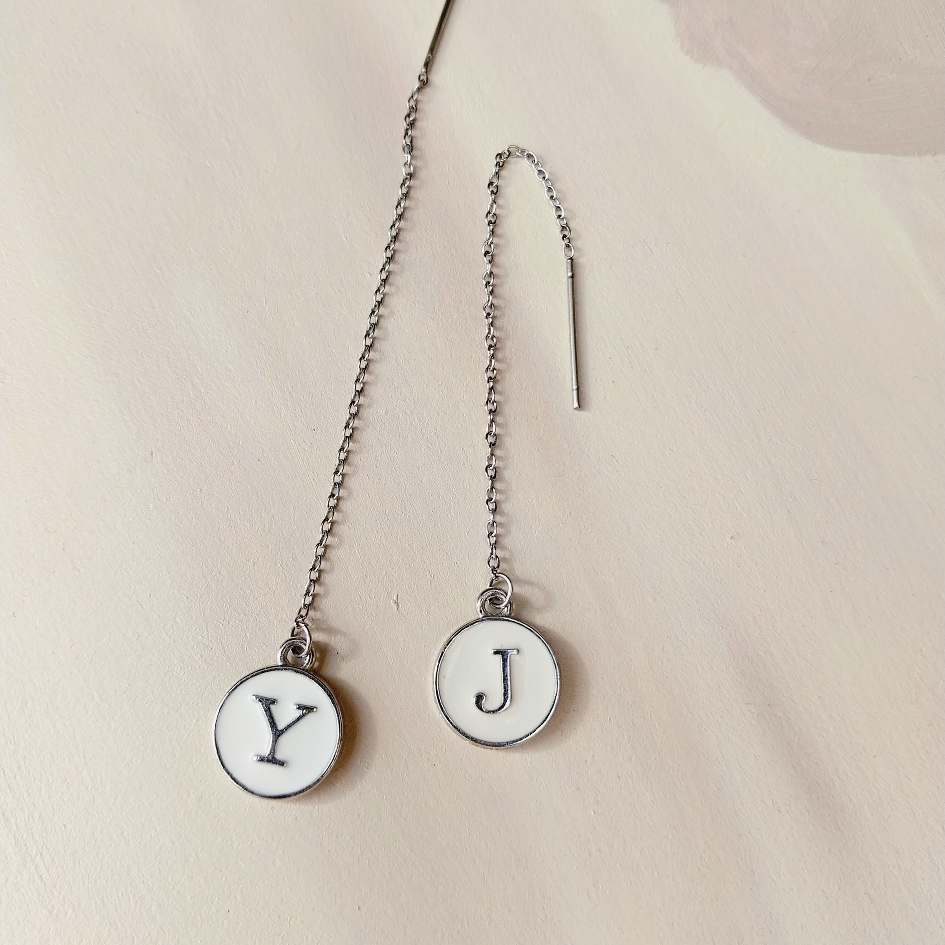 Personalised White Initial Threader Earrings in Silver personalized circle drop letter accessories jewellery name gift stainless steel