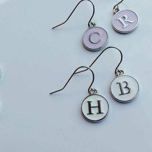 Personalised White Initial Earrings in Silver personalized circle drop letter accessories jewellery name gift stainless steel Earring hooks