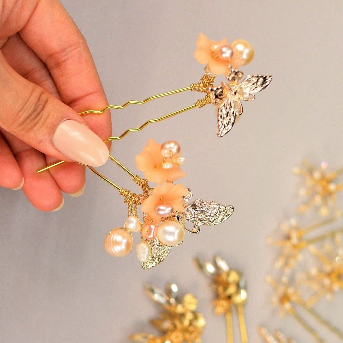 Set of 2 Flower and Butterfly Hairpins.
