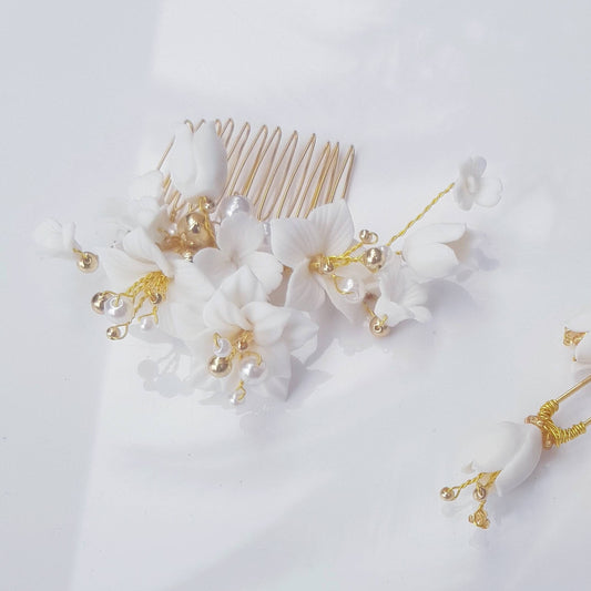 MUGUET haircomb white porcelain flowers lily clay gold beaded bride hairpins hair comb accessories flower floral wedding handmade Australia
