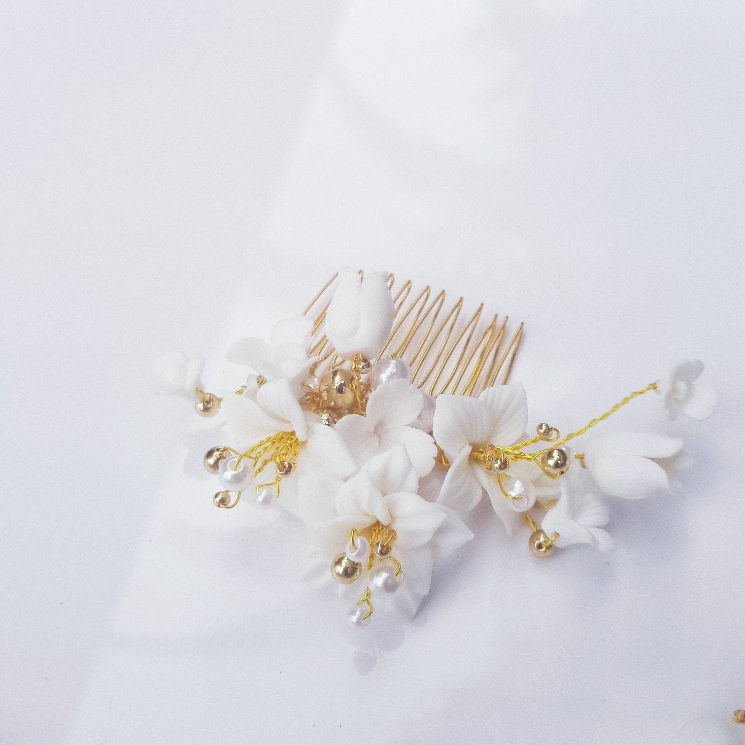 MUGUET haircomb white porcelain flowers lily clay gold beaded bride hairpins hair comb accessories flower floral wedding handmade Australia