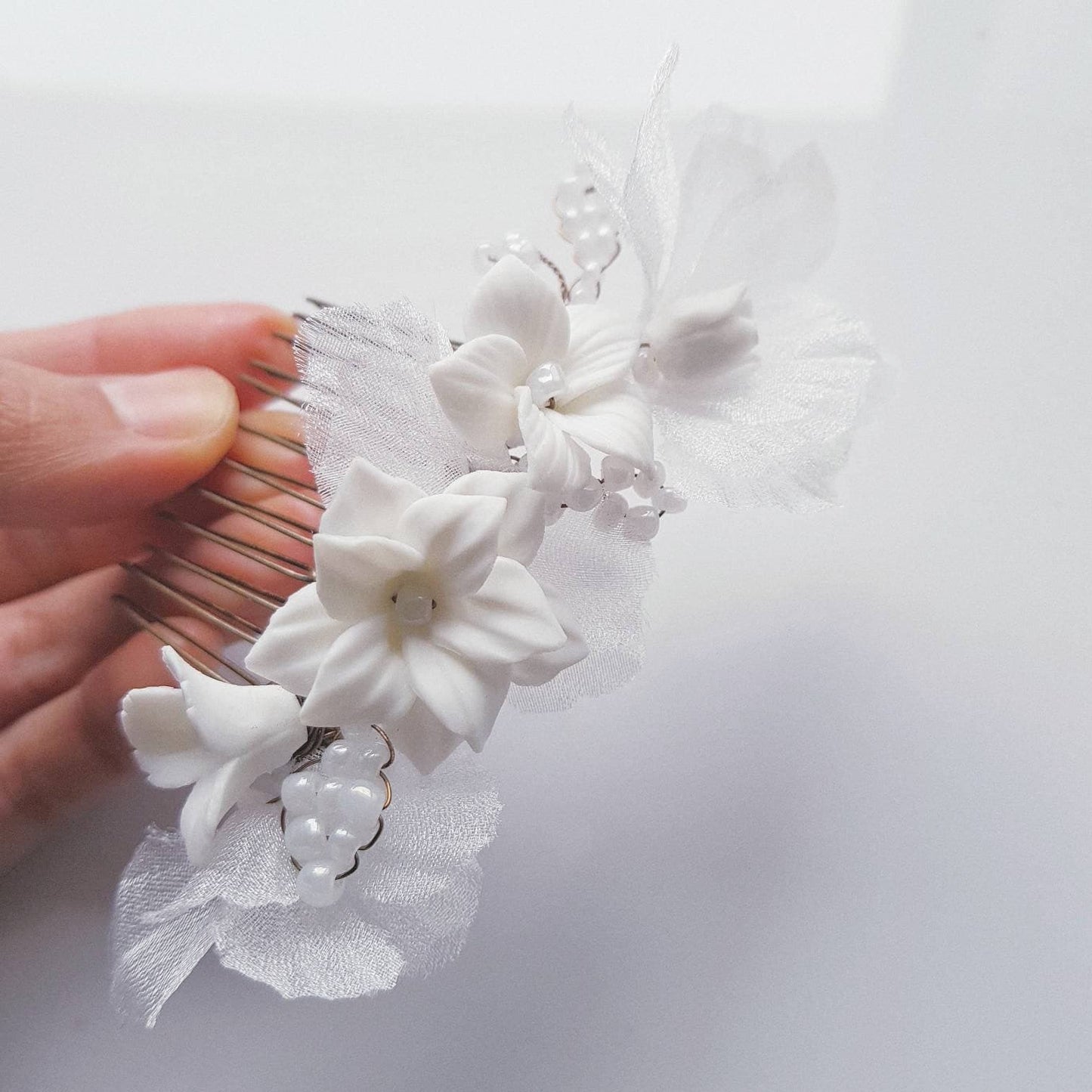 BOUTIQUEBYBRENDALEE PORCELAINE Sheer flower Haircomb White Flowers Hairpins Bridal Wedding Haircomb Headpiece Accessories porcelain hair pin