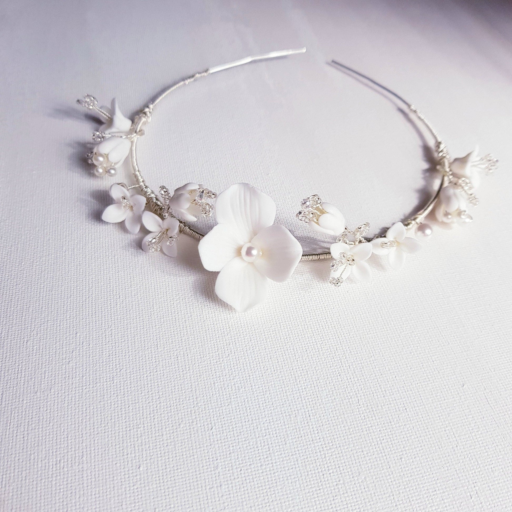 BoutiquebyBrendaLee JOLIE Tiara bridal hair piece wedding headpiece porcelain white flower accessories floral beaded crowns millinery AU