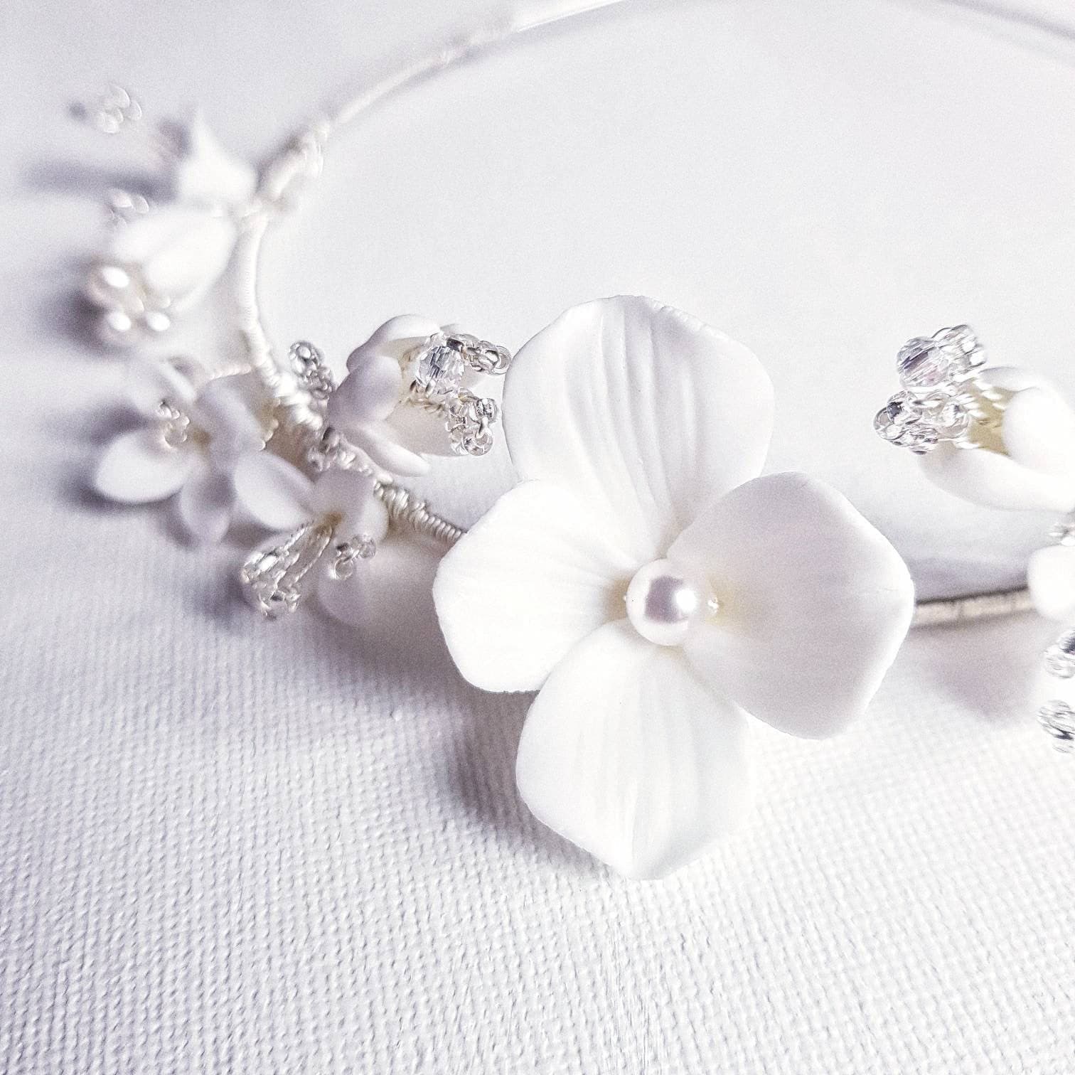 BoutiquebyBrendaLee JOLIE Tiara bridal hair piece wedding headpiece porcelain white flower accessories floral beaded crowns millinery AU