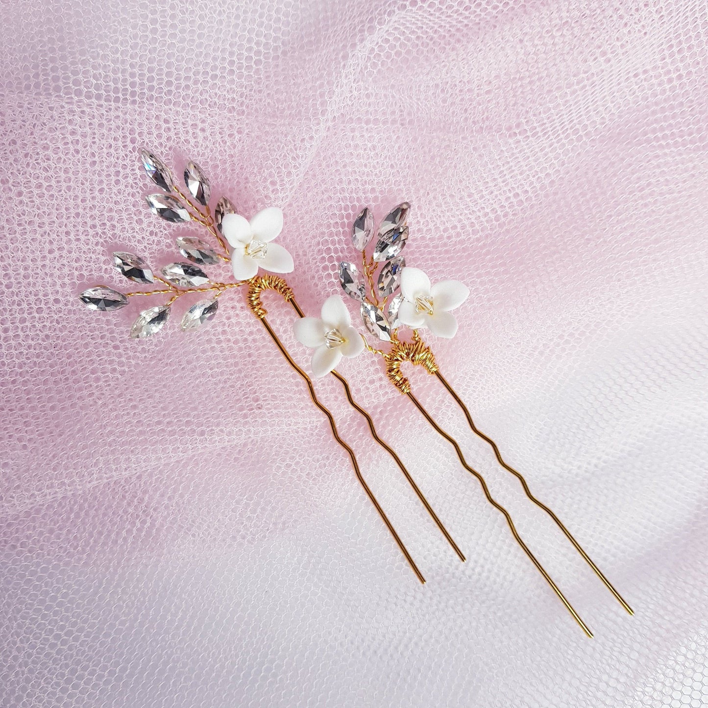 BOUTIQUEBYBRENDALEE FEUILLES BLING Hair U Pins set of 2 Small White Flowers Hairpins crystal beads Bridal Wedding Hair Pin Accessories