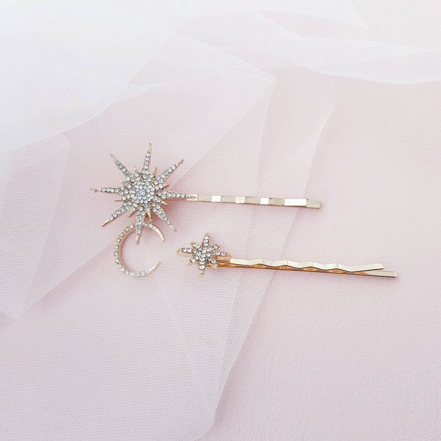 BoutiquebyBrendaLee CÉLESTE set of 2 gold-toned bobby pins wedding bridal constellation moon star celestial hair accessories unique