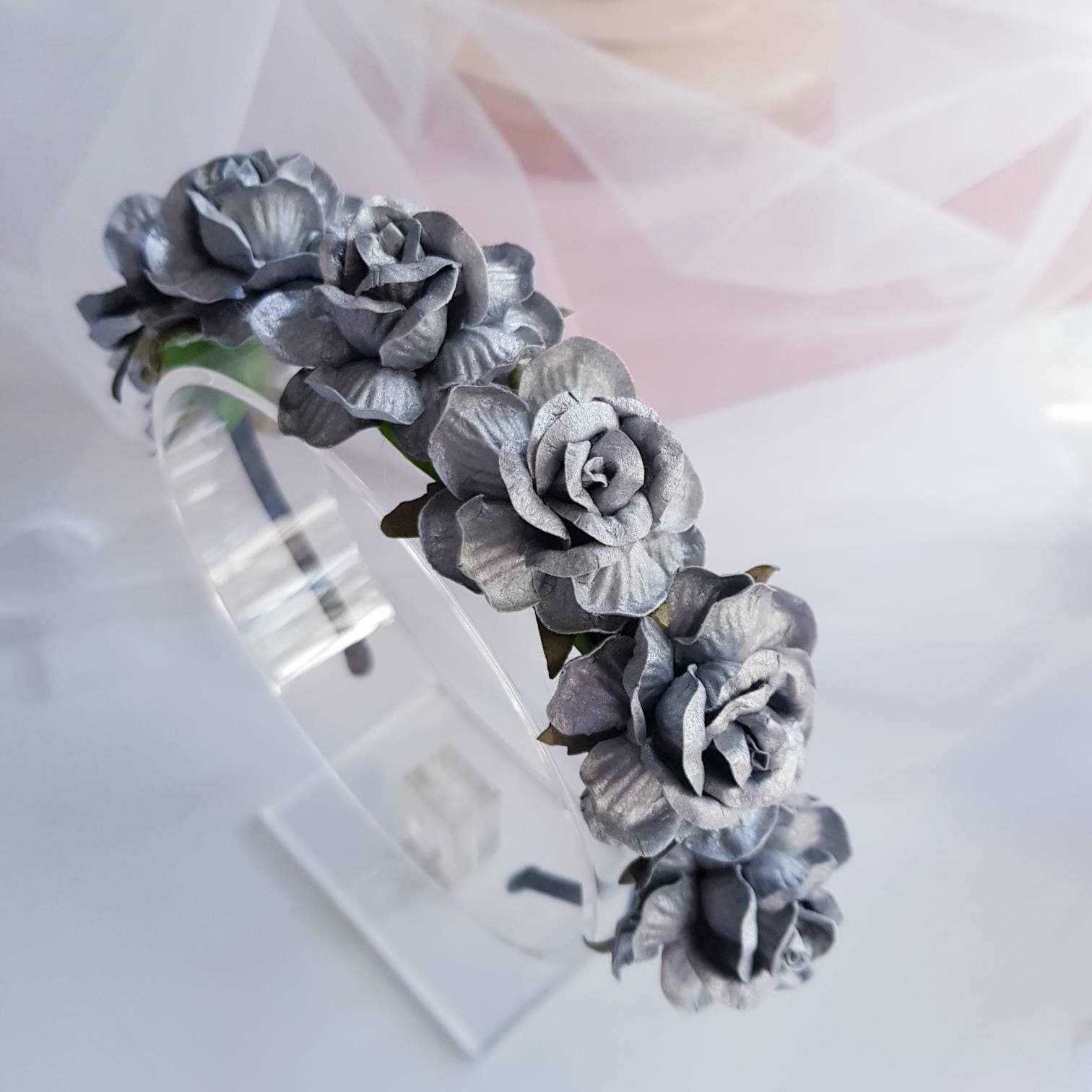 BoutiquebyBrendaLee ARGENT ROSE Headband silver flower floral headpieces halo big crown millinery Australia handcrafted one of a kind roses