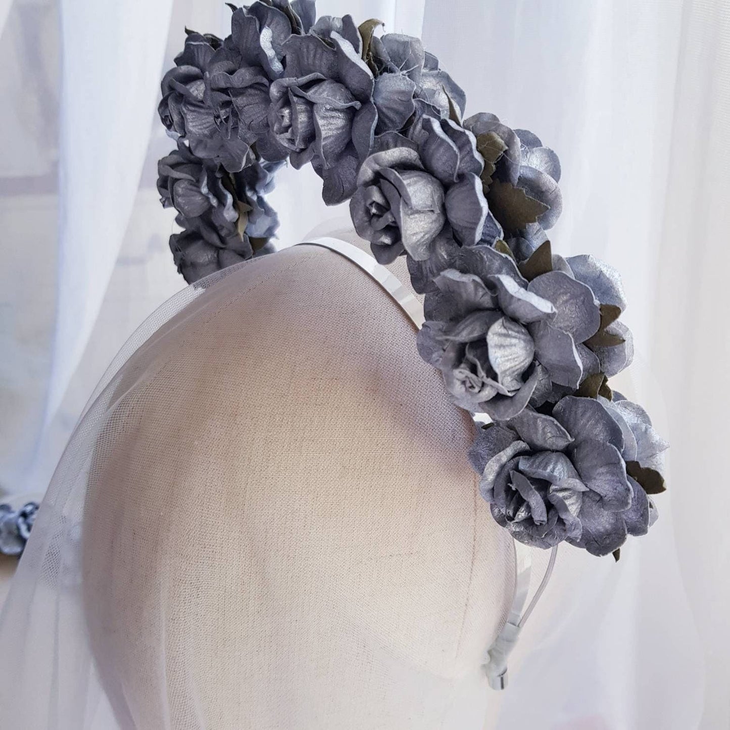 BoutiquebyBrendaLee HAUT ARGENT ROSE Headband silver flower floral headpieces halo big crown millinery Australia handmade unique headbands