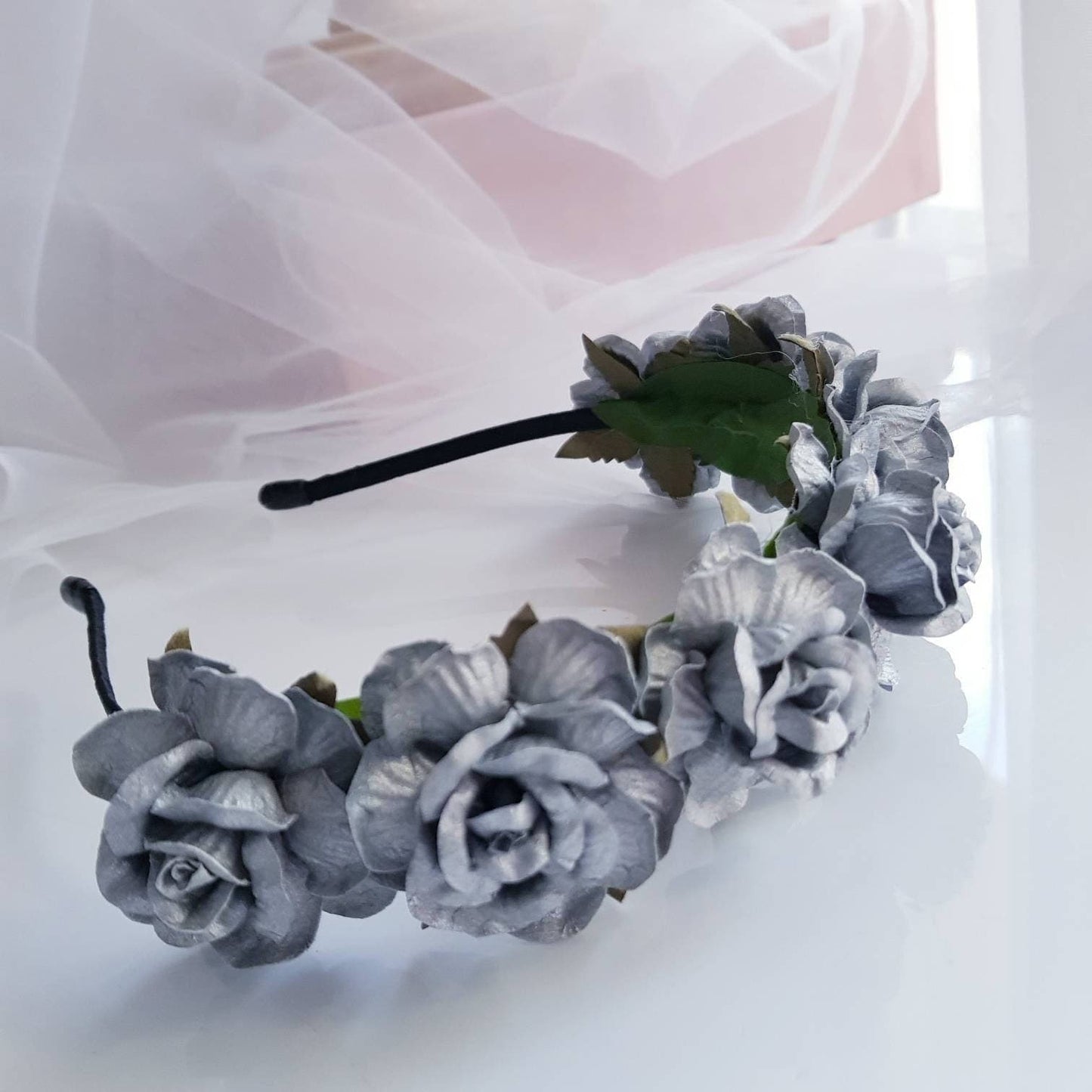 BoutiquebyBrendaLee ARGENT ROSE Headband silver flower floral headpieces halo big crown millinery Australia handcrafted one of a kind roses