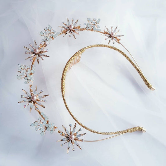 OPALE AUREOLA Headband Crown Crystal Tiara  weddings bridal headpiece hair accessories tall double ring halo celestial moon star sunburst