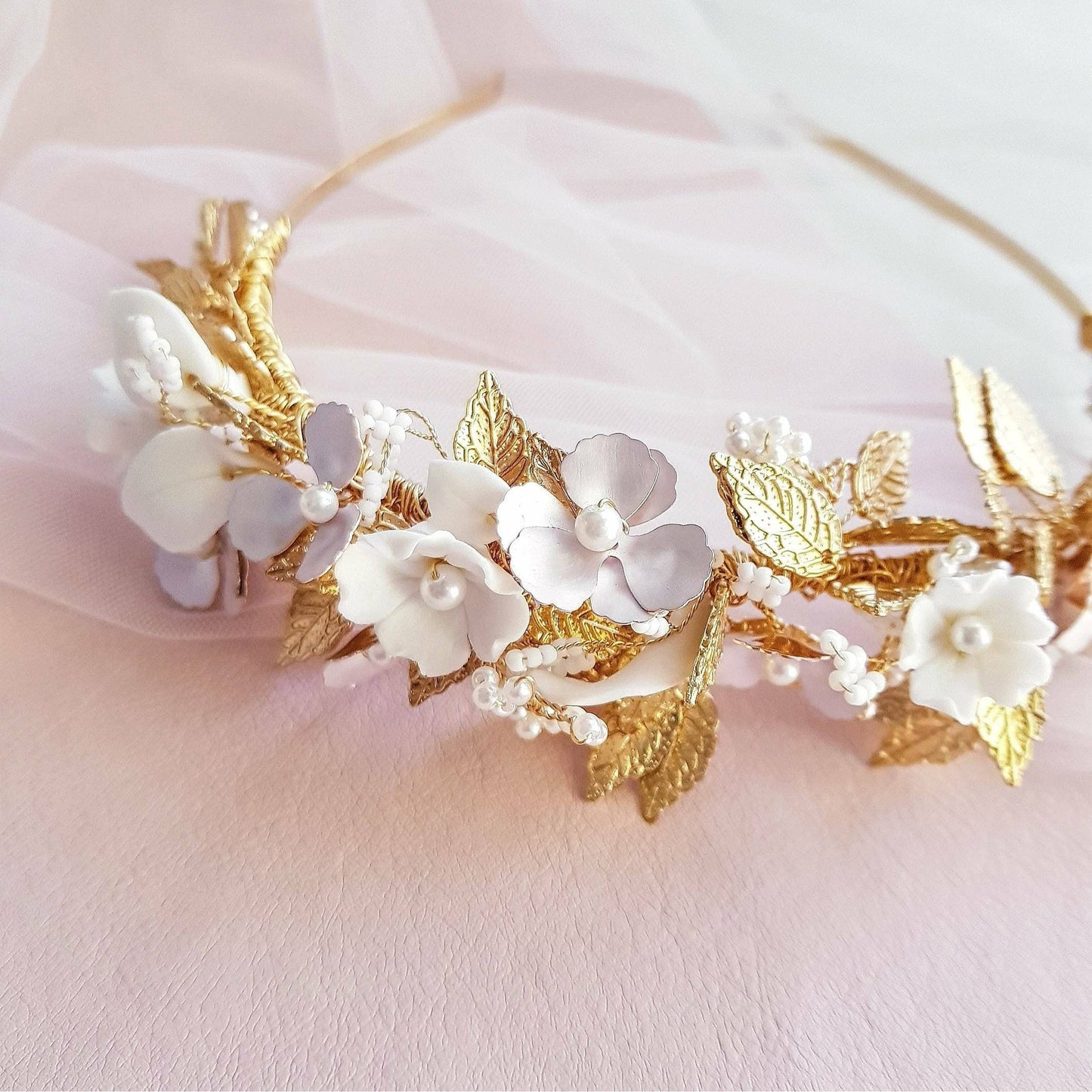 FLEURIT Headband wedding bridal headpiece flowers and leaves hair accessories gold white bead tiaras Australia headpieces FOTF millinery