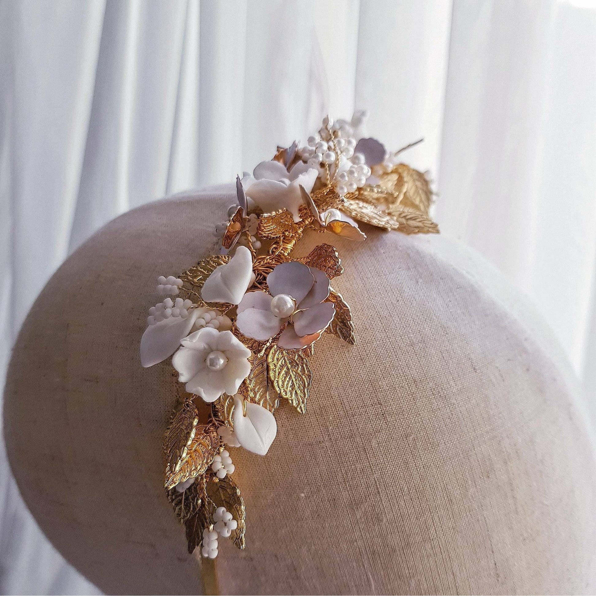 FLEURIT Headband wedding bridal headpiece flowers and leaves hair accessories gold white bead tiaras Australia headpieces FOTF millinery